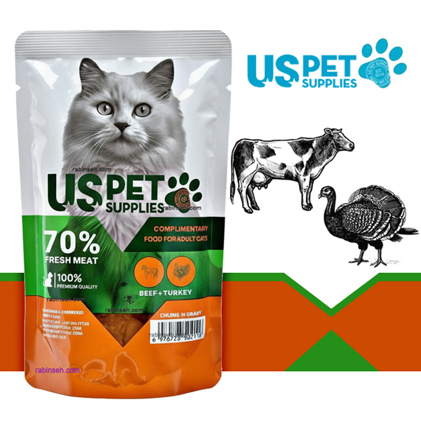 پوچ گربه یو اس پت طعم گوساله و بوقلمون مدل چانکی در سس 100 گرمی