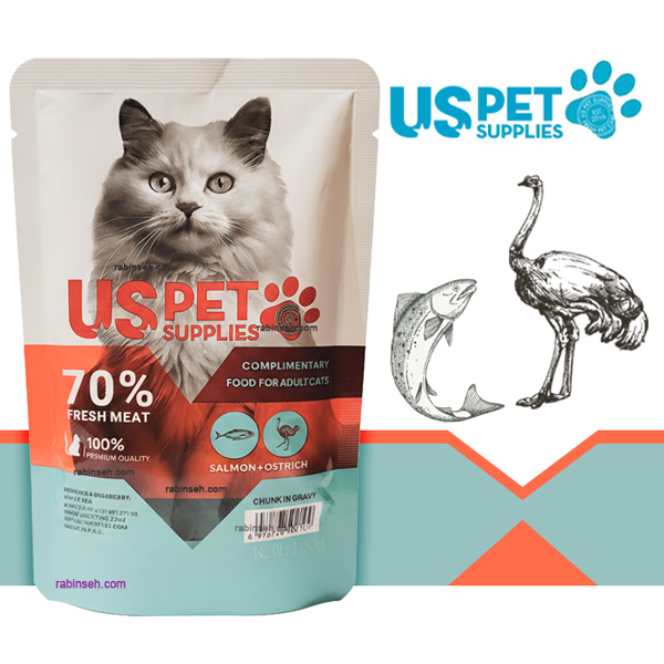 پوچ گربه یو اس پت طعم شتر مرغ و سالمون مدل چانکی در سس 100 گرمی