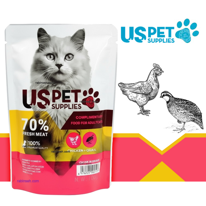 پوچ گربه یو اس پت طعم مرغ و بلدرچین مدل چانکی در سس 100 گرمی