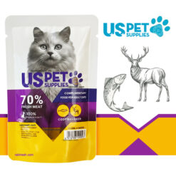 پوچ گربه یو اس پت طعم گوزن و ماهی کاد مدل چانکی در سس 100 گرمی