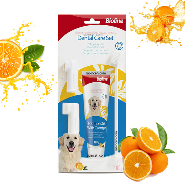 ست مسواک و خمیر دندان سگ بایولاین طعم پرتقال 100 گرمی