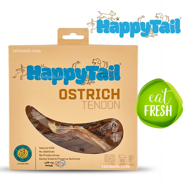 تشویقی سگ هپی تایل طعم تاندون شتر مرغ 100 گرم