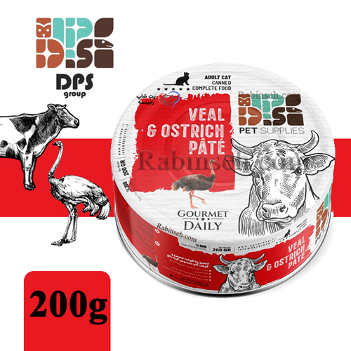 کنسرو پته سوپر پریمیوم دی پی اس گربه طعم گوساله و شترمرغ 200 گرم