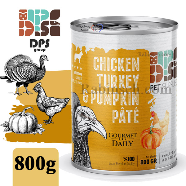 کنسرو پته سوپر پریمیوم دی پی اس سگ طعم مرغ ، بوقلمون و کدوتنبل 800 گرم