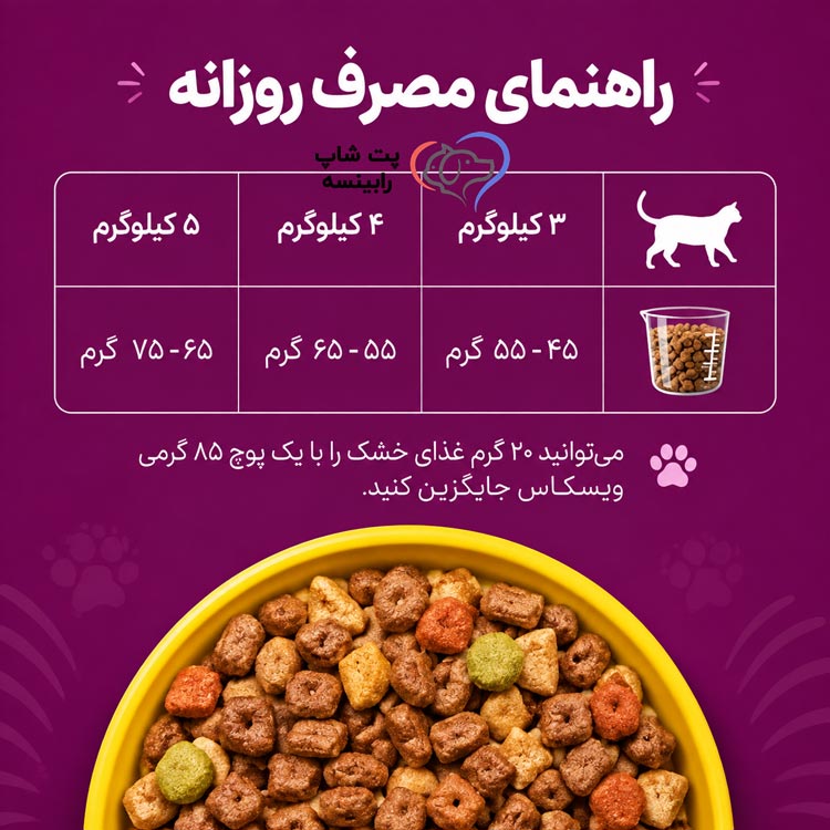 راهنمای مصرف غذا خشک گربه بالغ ویسکاس